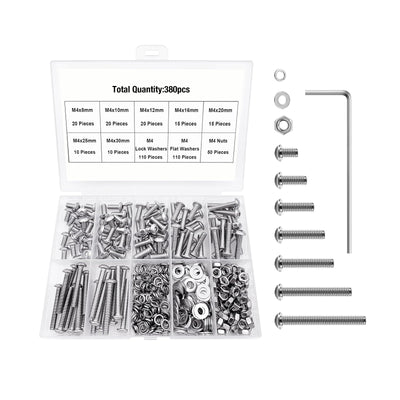 Harfington 380 Pcs M4 Screw Assortment Kit 304 Stainless Steel Button Head Socket Head Metric Screws Bolts, Spring & Flat Lock Washers/Nuts/Hex Wrenches