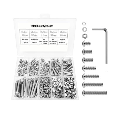 Harfington 244Pcs M5 Screw Assortment Kit 304 Stainless Steel Button Head Socket Head Metric Screws Bolts, Spring Lock & Flat Washers/Nuts/Hex Wrenches