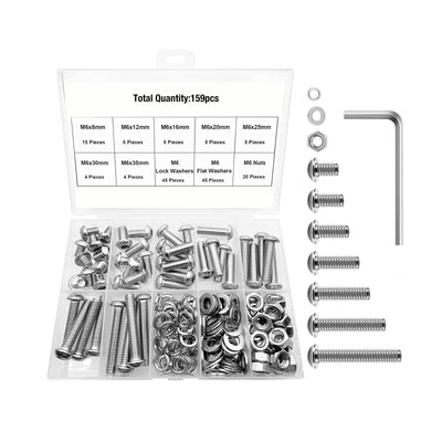 Harfington 159PCS M6 Screw Assortment Kit 304 Stainless Steel Button Head Socket Cap Metric Screws Bolts, Spring Lock & Flat Washers/Nuts/Hex Wrenches