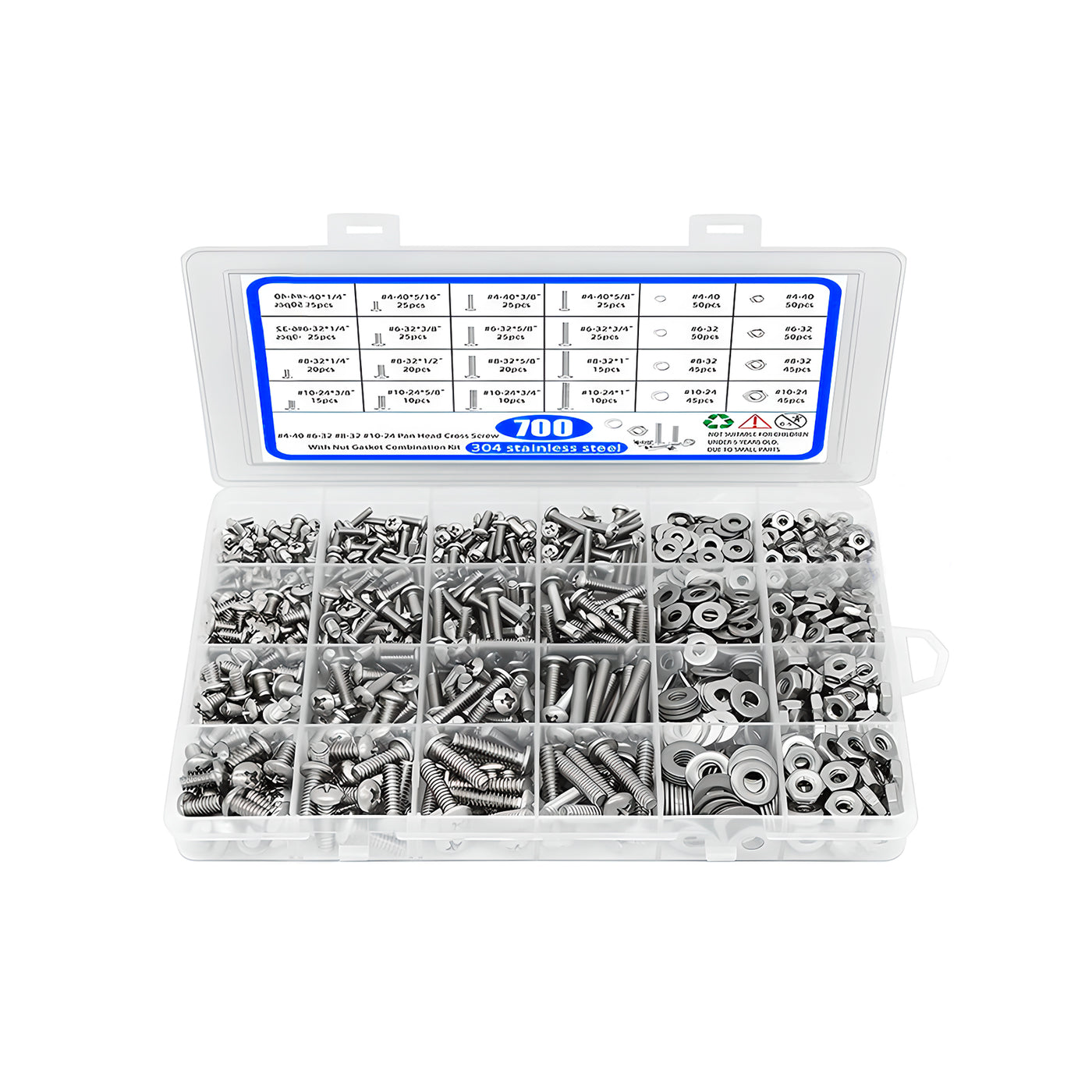 Harfington 700PCS 304 Stainless Steel Round Phillips Flat Head  Screw Nut Set #4-40/#6-32/#8-32/#10-24