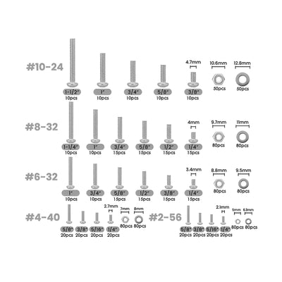 Harfington 1110PCS 304 Stainless Steel Round Flat Phillips Head Screw Nut Set #2-56/#4-40/#6-32/#8-32/#10-24