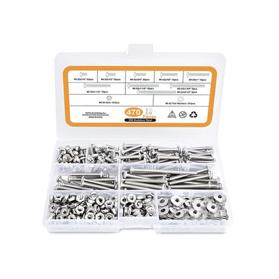 Harfington 470PCS 304 Stainless Steel Round Flat Phillips Head Screw Nut Set #8-32