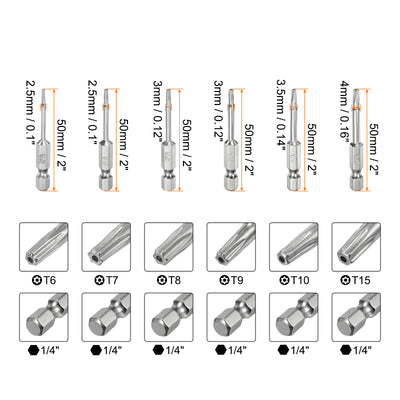 Harfington 12 Stücke T6-T40 Sicherheits-Torx-Bit 1/4" Sechskantschaft 2" Lang S2 Stahl Magnetische Manipulationssichere Stern-Bits Schraubendreher Torx-Kopf mit Loch für Schrauben Bits