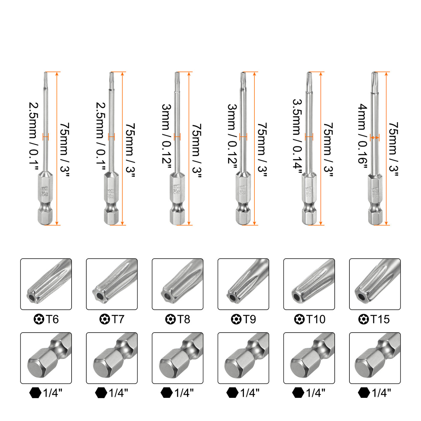 Harfington 12 Stück T6-T40 Sicherheits-Torx-Bit 1/4" Sechskantschaft 3" lang S2-Stahl Magnetische manipulationssichere Stern-Bits Schraubendreher Torx-Kopf mit Loch für Schrauben Bits