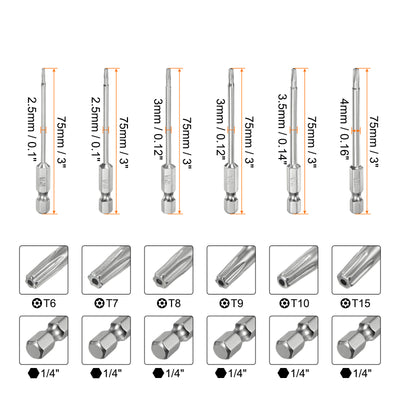 Harfington 12 Stück T6-T40 Sicherheits-Torx-Bit 1/4" Sechskantschaft 3" lang S2-Stahl Magnetische manipulationssichere Stern-Bits Schraubendreher Torx-Kopf mit Loch für Schrauben Bits