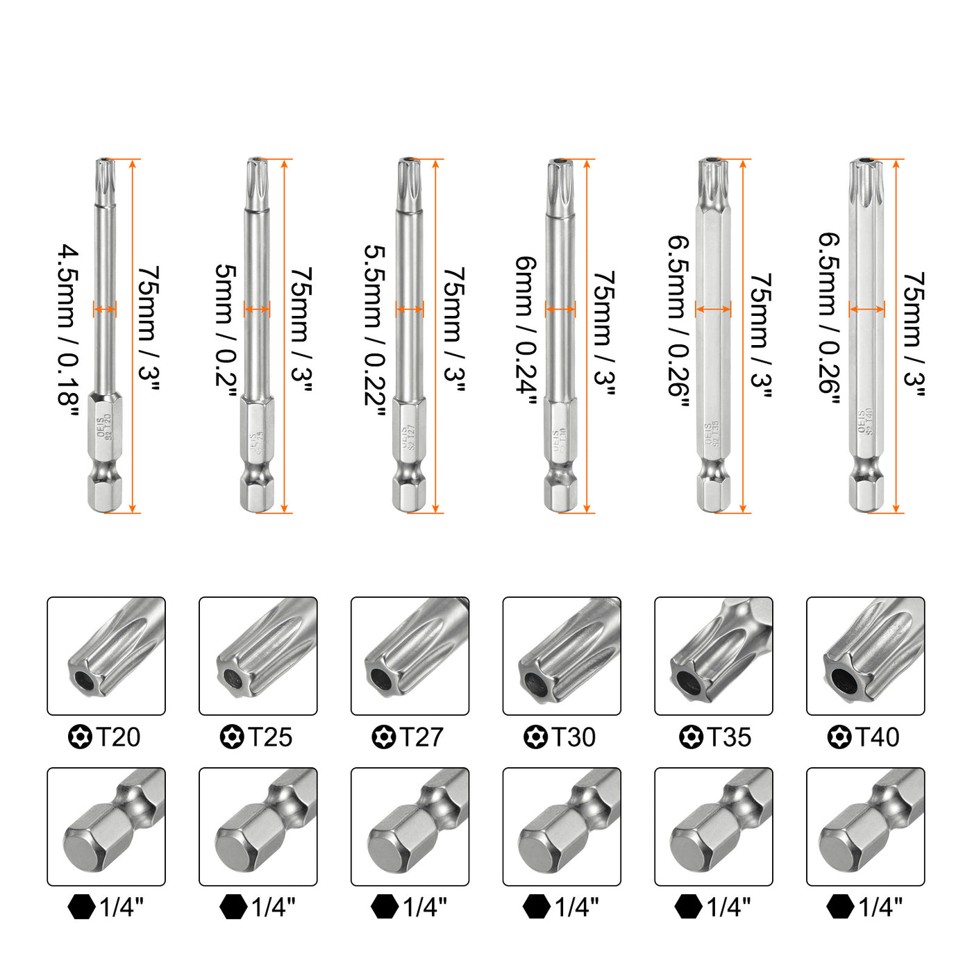 Harfington 12 Stück T6-T40 Sicherheits-Torx-Bit 1/4" Sechskantschaft 3" lang S2-Stahl Magnetische manipulationssichere Stern-Bits Schraubendreher Torx-Kopf mit Loch für Schrauben Bits