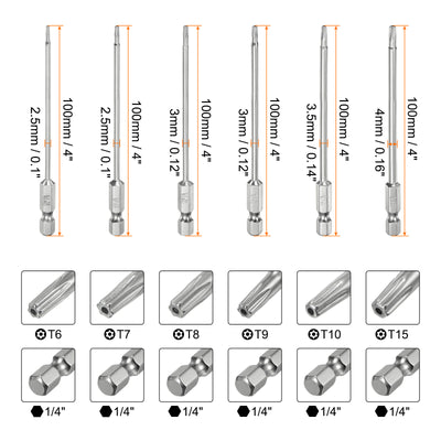 Harfington 12 Stück T6-T40 Sicherheits-Torx-Bit 1/4" Sechskantschaft 4" lang S2-Stahl Magnetische manipulationssichere Stern-Bits Schraubendreher Torx-Kopf mit Loch für Schrauben Bits