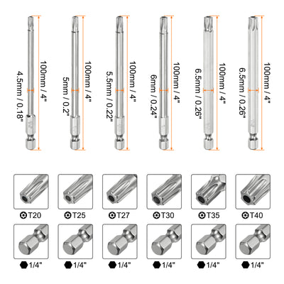 Harfington 12 Stück T6-T40 Sicherheits-Torx-Bit 1/4" Sechskantschaft 4" lang S2-Stahl Magnetische manipulationssichere Stern-Bits Schraubendreher Torx-Kopf mit Loch für Schrauben Bits