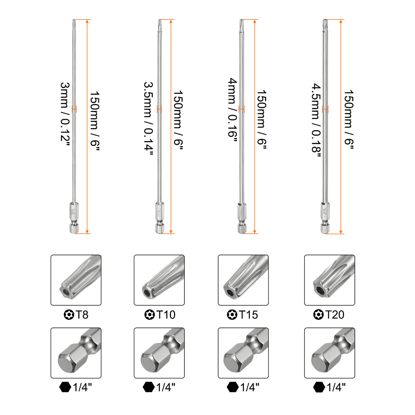 Harfington 8 Stück T8-T40 Sicherheits-Torx-Bit 1/4" Sechskantschaft 6" lang S2-Stahl Magnetische manipulationssichere Stern-Bits Schraubendreher Torx-Kopf mit Loch für Schrauben Bits