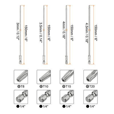 Harfington 8 Stück T8-T40 Sicherheits-Torx-Bit 1/4" Sechskantschaft 6" lang S2-Stahl Magnetische manipulationssichere Stern-Bits Schraubendreher Torx-Kopf mit Loch für Schrauben Bits