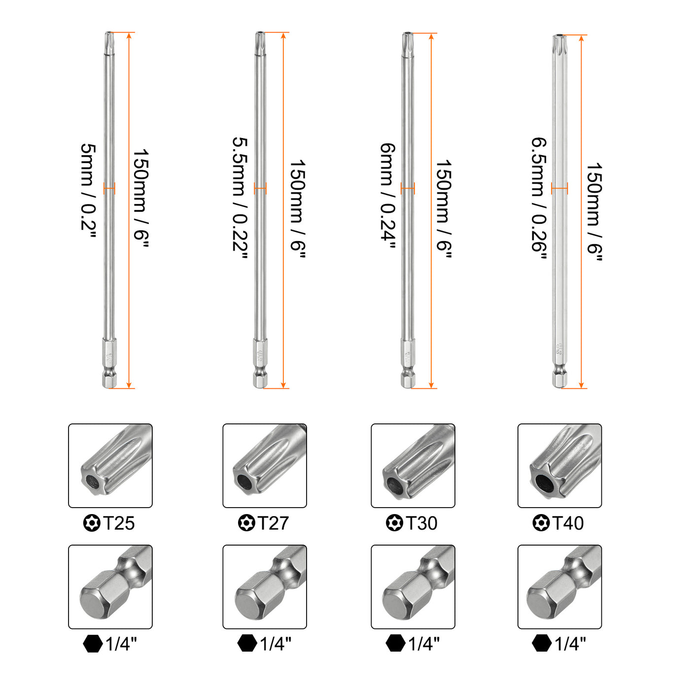 Harfington 8 Stück T8-T40 Sicherheits-Torx-Bit 1/4" Sechskantschaft 6" lang S2-Stahl Magnetische manipulationssichere Stern-Bits Schraubendreher Torx-Kopf mit Loch für Schrauben Bits