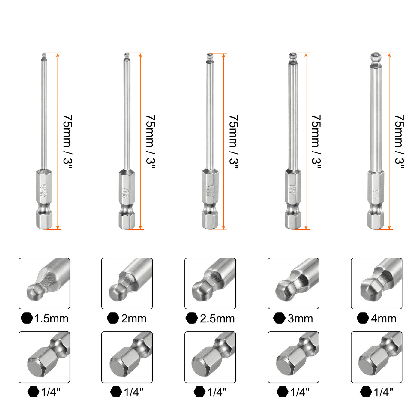 Harfington 9 Stück Kugelkopf Innensechskant Schraubendreher 1,5/2/2,5/3/4/5/6/8/10 mm Sechskantschaft Ball End Hex 75 mm Lange Magnetischen 1/4" S2 Legierter Stahl Bitsatz Elektrowerkzeuge
