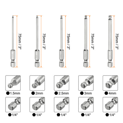 Harfington 9 Stück Kugelkopf Innensechskant Schraubendreher 1,5/2/2,5/3/4/5/6/8/10 mm Sechskantschaft Ball End Hex 75 mm Lange Magnetischen 1/4" S2 Legierter Stahl Bitsatz Elektrowerkzeuge