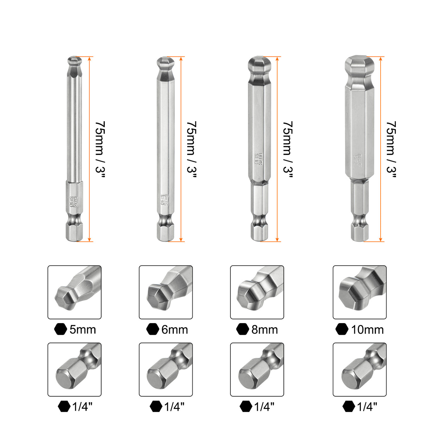 Harfington 9 Stück Kugelkopf Innensechskant Schraubendreher 1,5/2/2,5/3/4/5/6/8/10 mm Sechskantschaft Ball End Hex 75 mm Lange Magnetischen 1/4" S2 Legierter Stahl Bitsatz Elektrowerkzeuge