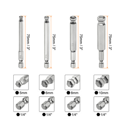 Harfington 9 Stück Kugelkopf Innensechskant Schraubendreher 1,5/2/2,5/3/4/5/6/8/10 mm Sechskantschaft Ball End Hex 75 mm Lange Magnetischen 1/4" S2 Legierter Stahl Bitsatz Elektrowerkzeuge