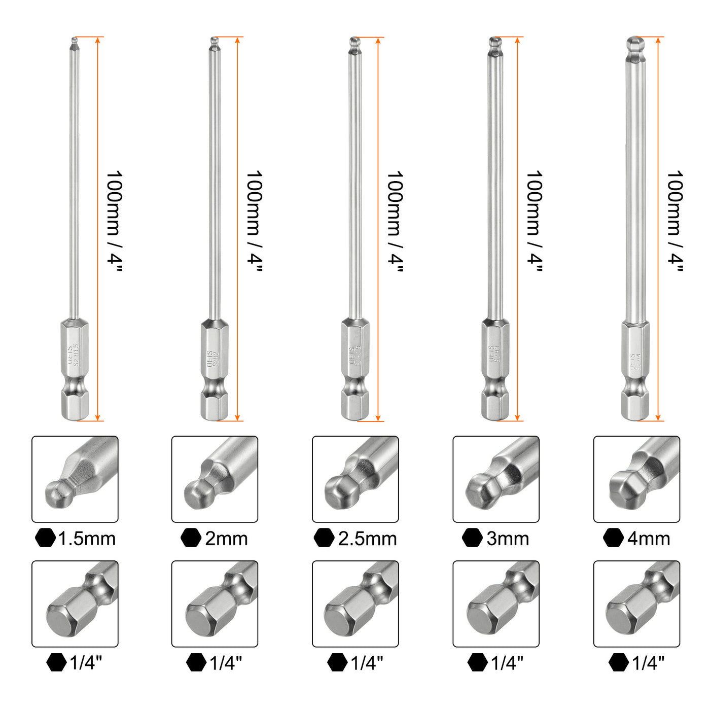 Harfington 9 Stück Kugelkopf Innensechskant Schraubendreher 1,5/2/2,5/3/4/5/6/8/10 mm Sechskantschaft Ball End Hex 100 mm Lange Magnetischen 1/4" S2 Legierter Stahl Bitsatz Elektrowerkzeuge
