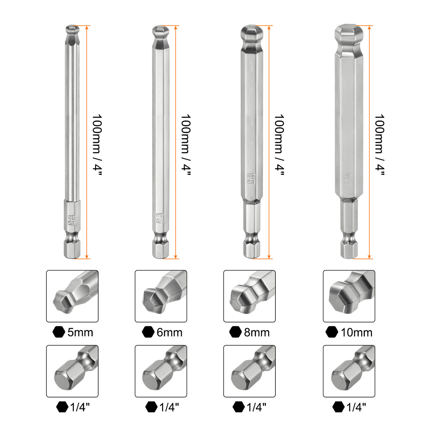 Harfington 9 Stück Kugelkopf Innensechskant Schraubendreher 1,5/2/2,5/3/4/5/6/8/10 mm Sechskantschaft Ball End Hex 100 mm Lange Magnetischen 1/4" S2 Legierter Stahl Bitsatz Elektrowerkzeuge