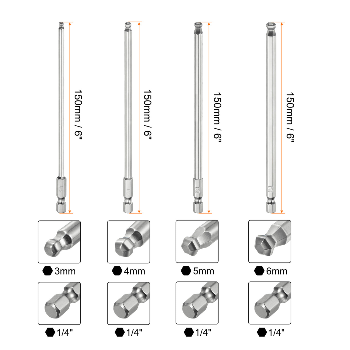 Harfington 4 Stück Kugelkopf Innensechskant Schraubendreher 3/4/5/6mm(H3-H6) Sechskant-Schaft 150mm Lange Magnetischen 1/4" S2 Legierter Stahl Schraubendreher Bitsatz Elektrowerkzeuge