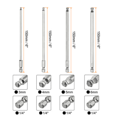 Harfington 4 Stück Kugelkopf Innensechskant Schraubendreher 3/4/5/6mm(H3-H6) Sechskant-Schaft 150mm Lange Magnetischen 1/4" S2 Legierter Stahl Schraubendreher Bitsatz Elektrowerkzeuge