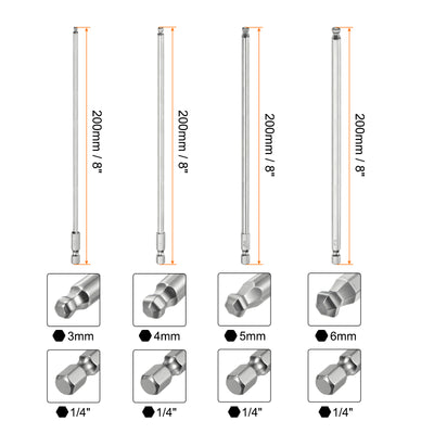 Harfington 4 Stück Kugelkopf Innensechskant Schraubendreher 3/4/5/6mm(H3-H6) Sechskantschaft Ball End Hex 200mm Lange Magnetischen  1/4" S2 Legierter Stahl Bitsatz Elektrowerkzeuge