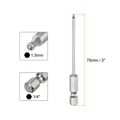 Harfington Kugelkopf Innensechskant Schraubendreher1,5 mm (H1,5) Sechskantschaft Ball End Hex 75 mm) Lange Magnetischen 1/4" S2  Legierter Stahls SchraubendreherBitsatz Elektrowerkzeuge