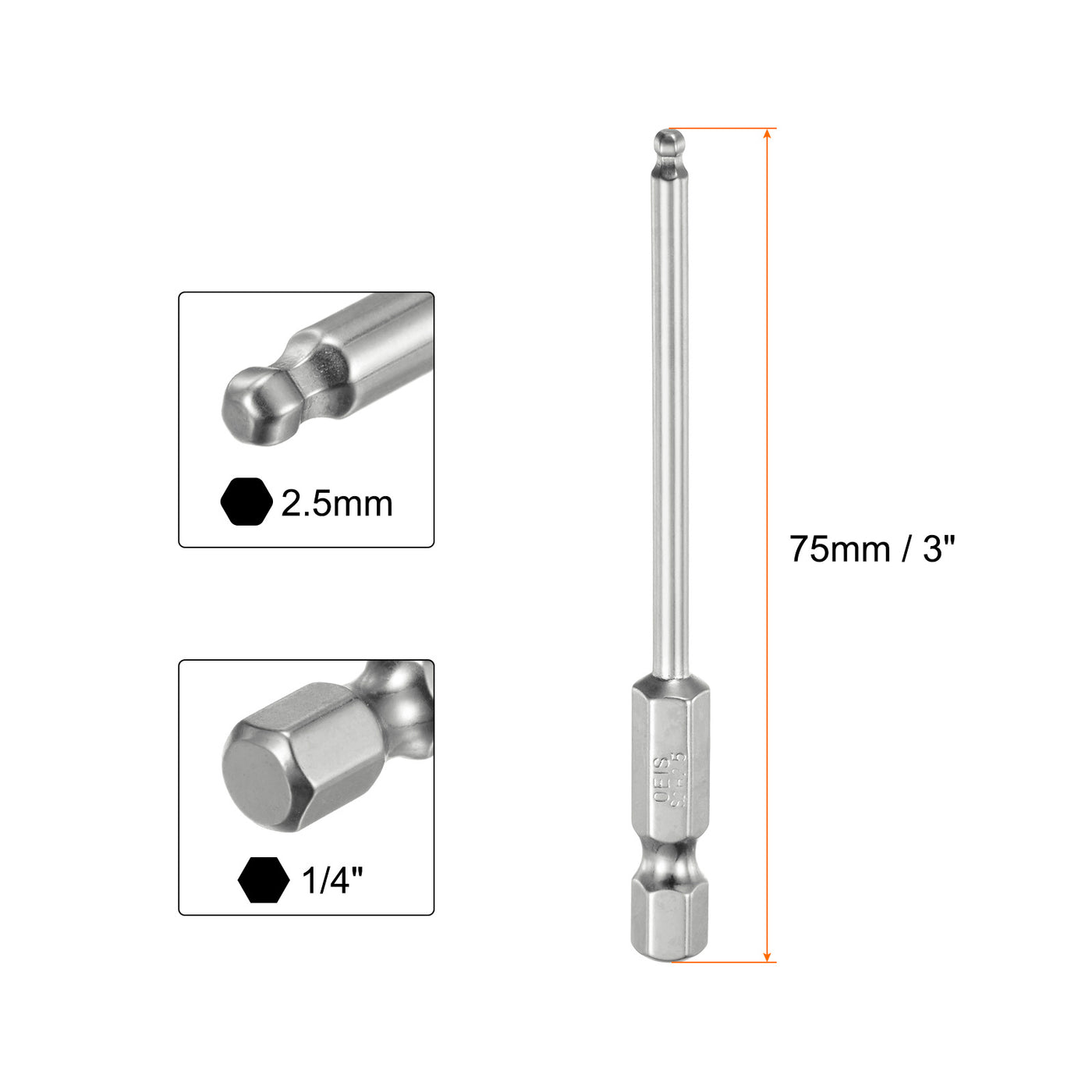 Harfington 3 Stück Kugelkopf Innensechskant Schraubendreher 2,5 mm(H2.5)  Sechskantschaft Ball End Hex 75 mm Lange Magnetischen 1/4" S2 Legierter Stahl SchraubendreherBitsatz