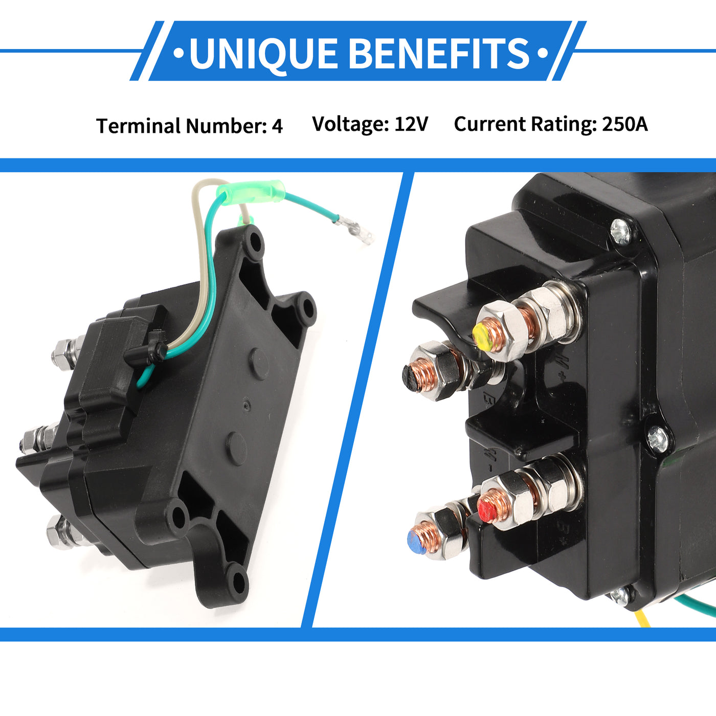 VekAuto Automotive ATV UTV Boat Car Winch Solenoid Relay Contactor 12V 250A 4 Terminal Relay for All 12V Solenoid Winches, Durable Plastic Metal Black