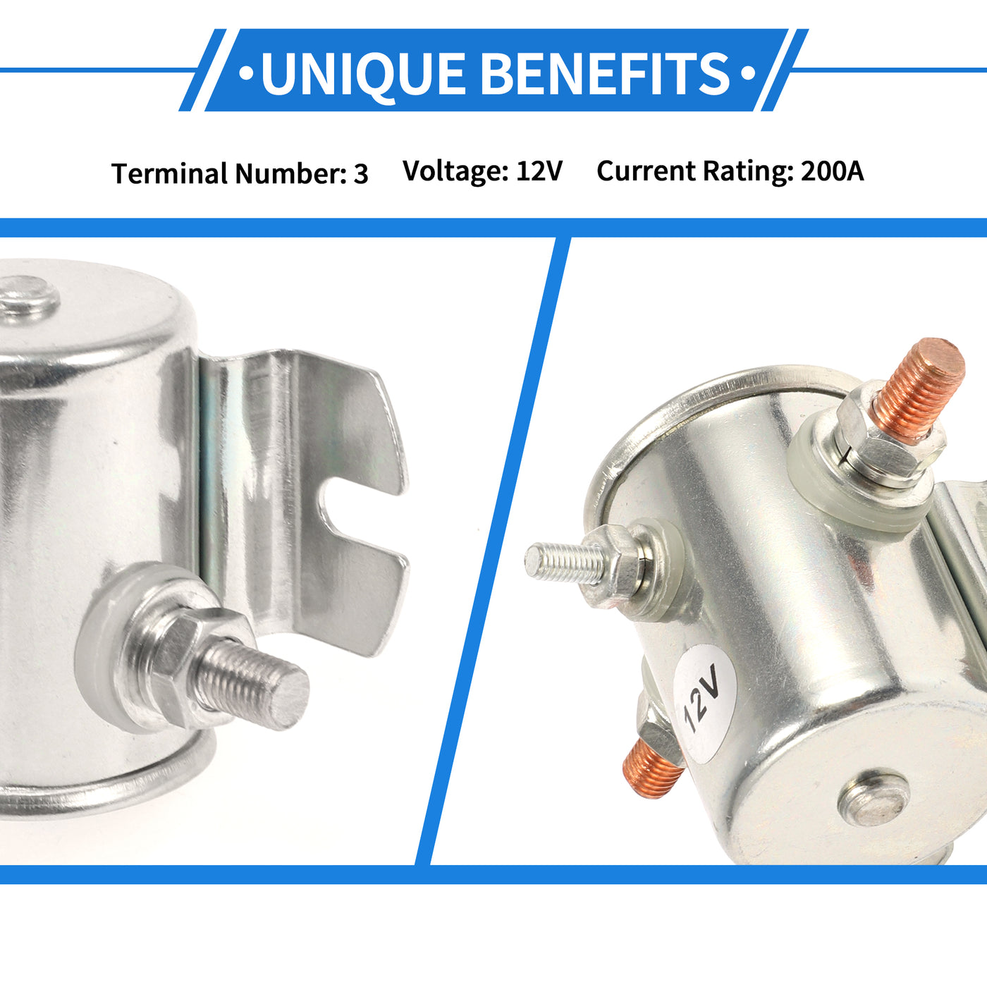 VekAuto Golf Cart Marine Winch Continuous Duty Solenoid Relay Kit 12V 200A 3 Terminal Relay, Durable Metal Silver Tone