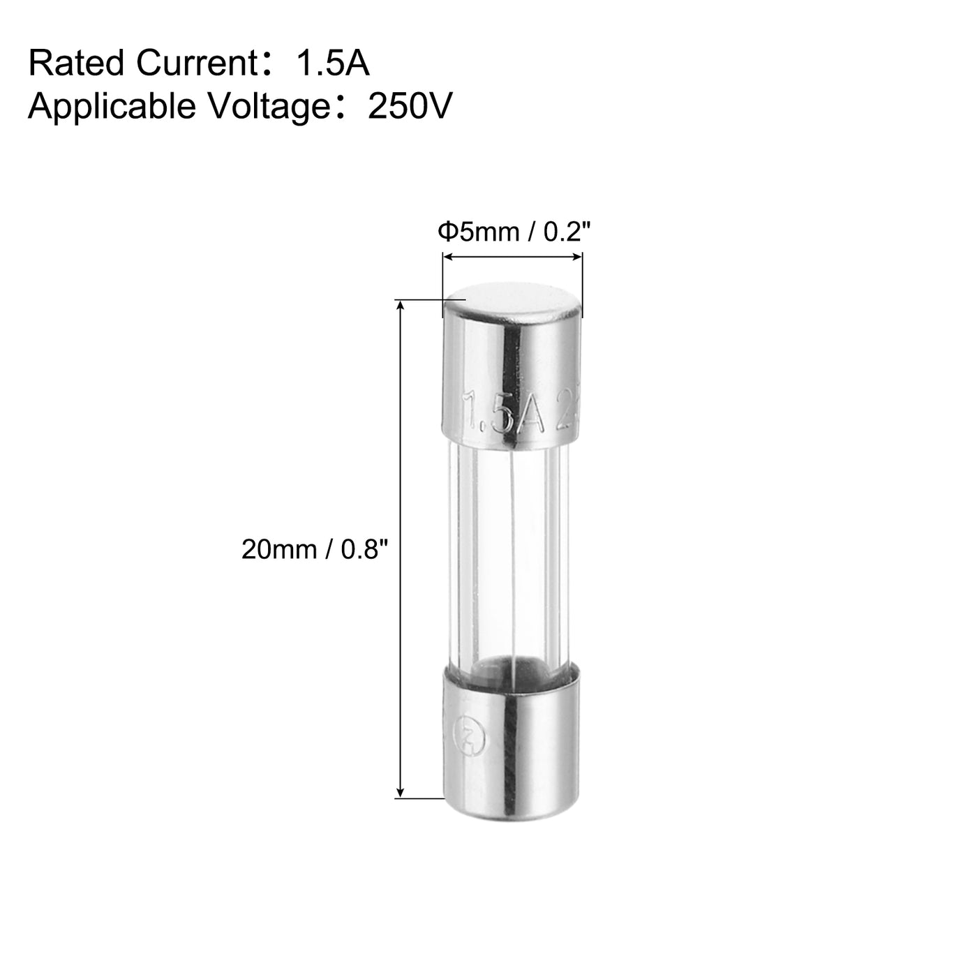 Harfington 1,5 A, 250 V, Glassicherung, 5 x 20 mm, Zeitverzögerungssicherung, UL-gelistete, träge Sicherung für Haushaltsgeräte (10er-Pack)