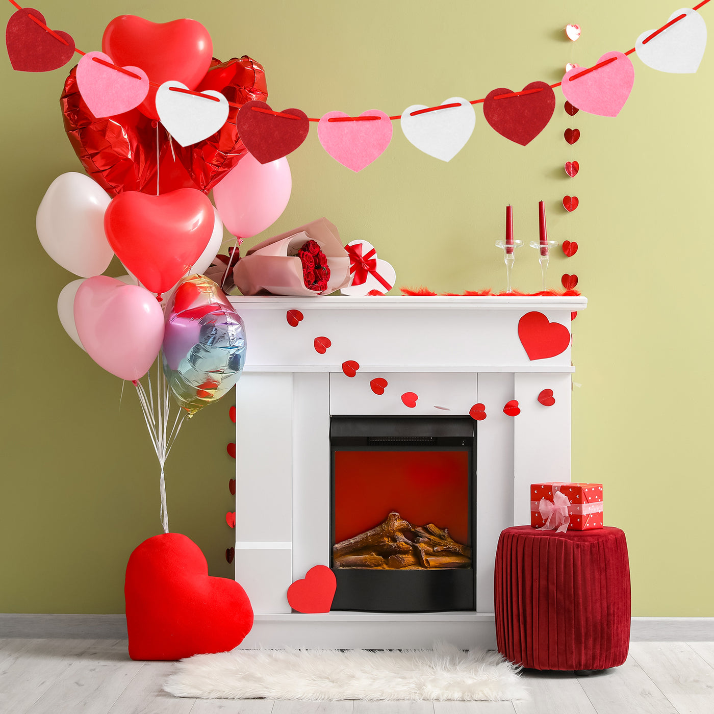 Harfington 96 Pcs Heart Garland Banner Felt Heart Valentines Garland Red Horizontal for Valentines Day Decor Anniversary Birthday Party