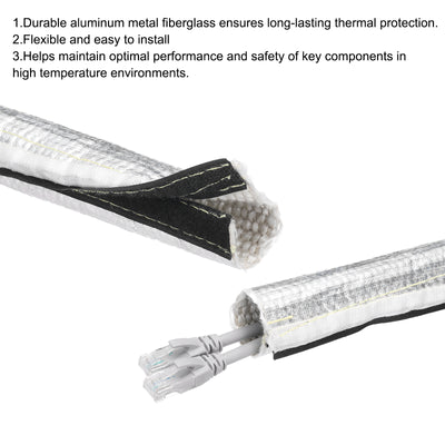 Harfington 1.5mm Heat Shroud Aluminized Sleeving 1 1/2" ID x 3.2FT Aluminum Metallic Fiberglass Heat Shroud for Fuel Lines Cables Electrical Wiring