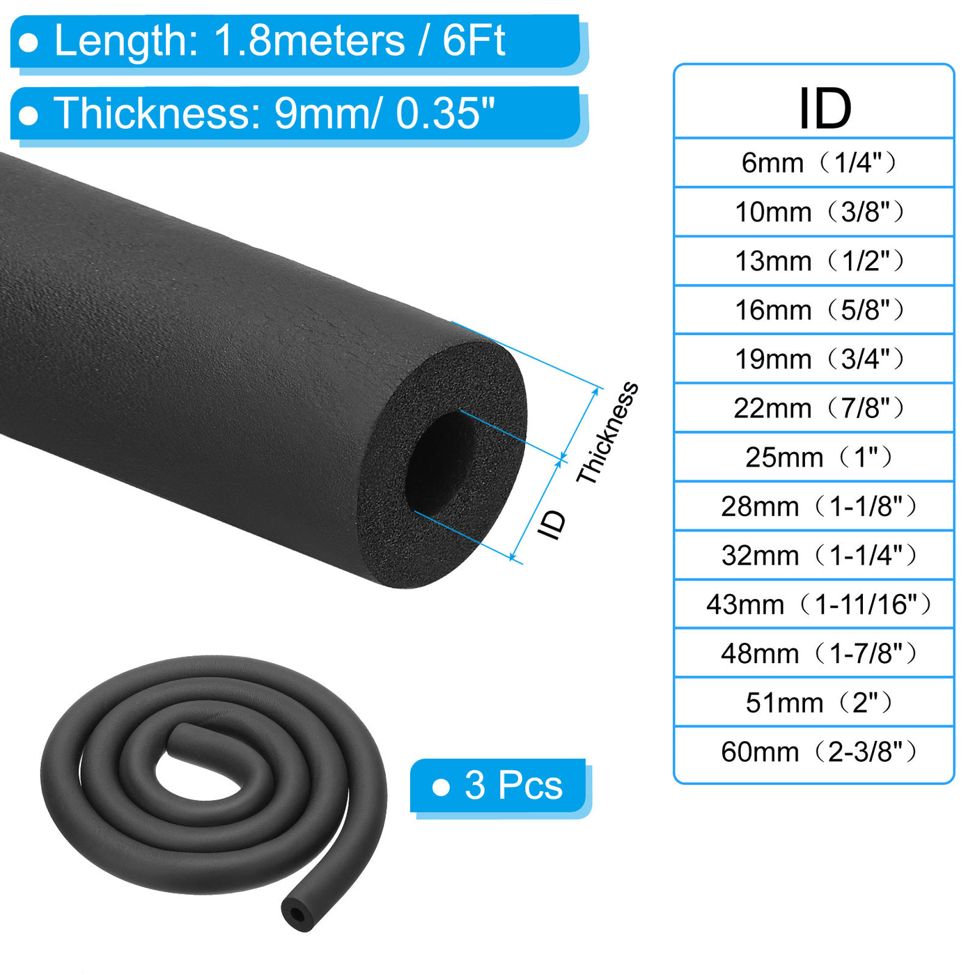 Harfington 1/4"(6mm) ID x6ft Rohr Isolierung Schaum 3Stk Rohr Abdeckung Wickel Roll Stange Polsterung Schlauch für Griff HVAC Draußen Klima Anlagen