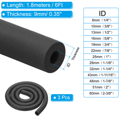 Harfington 1/4"(6mm) ID x6ft Rohr Isolierung Schaum 3Stk Rohr Abdeckung Wickel Roll Stange Polsterung Schlauch für Griff HVAC Draußen Klima Anlagen