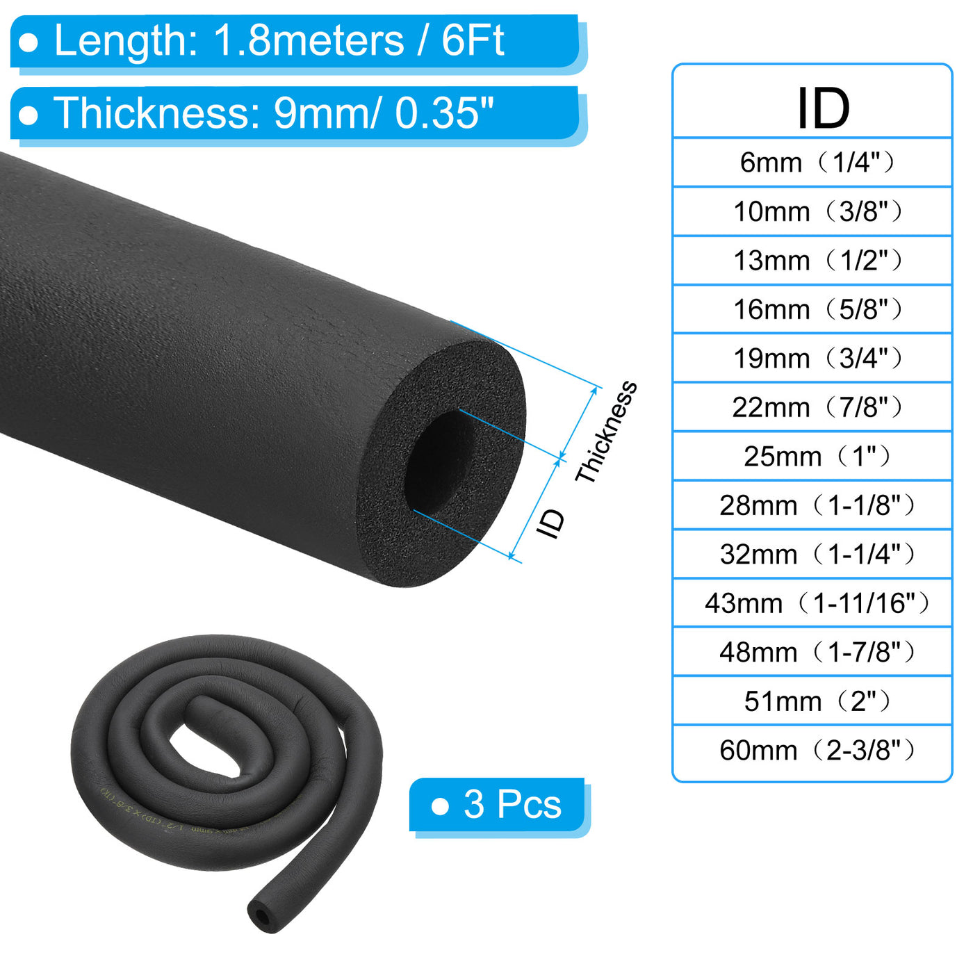 Harfington 3Pcs 1/2"(13mm) ID x 6Ft Pipe Insulation Foam Tube