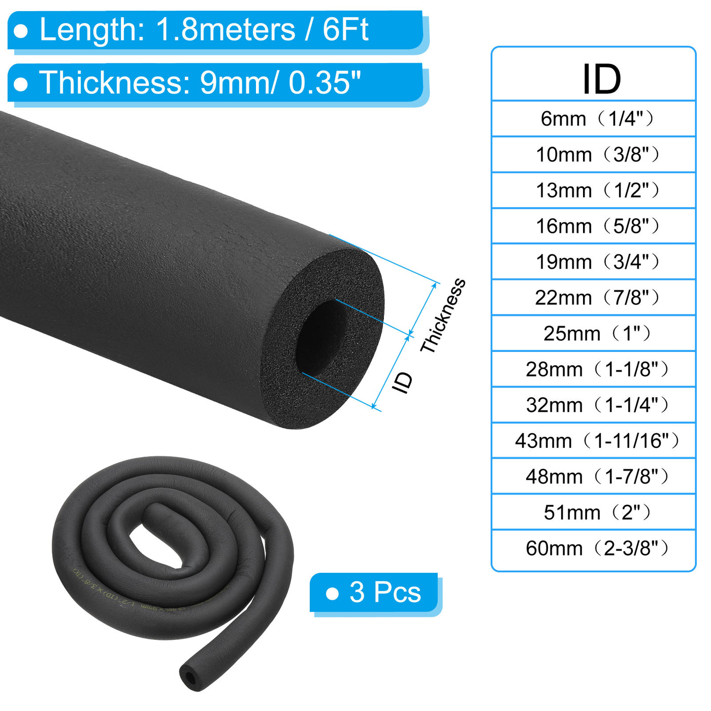 Harfington 3Pcs 5/8"(16mm) ID x 6Ft Pipe Insulation Foam Tube