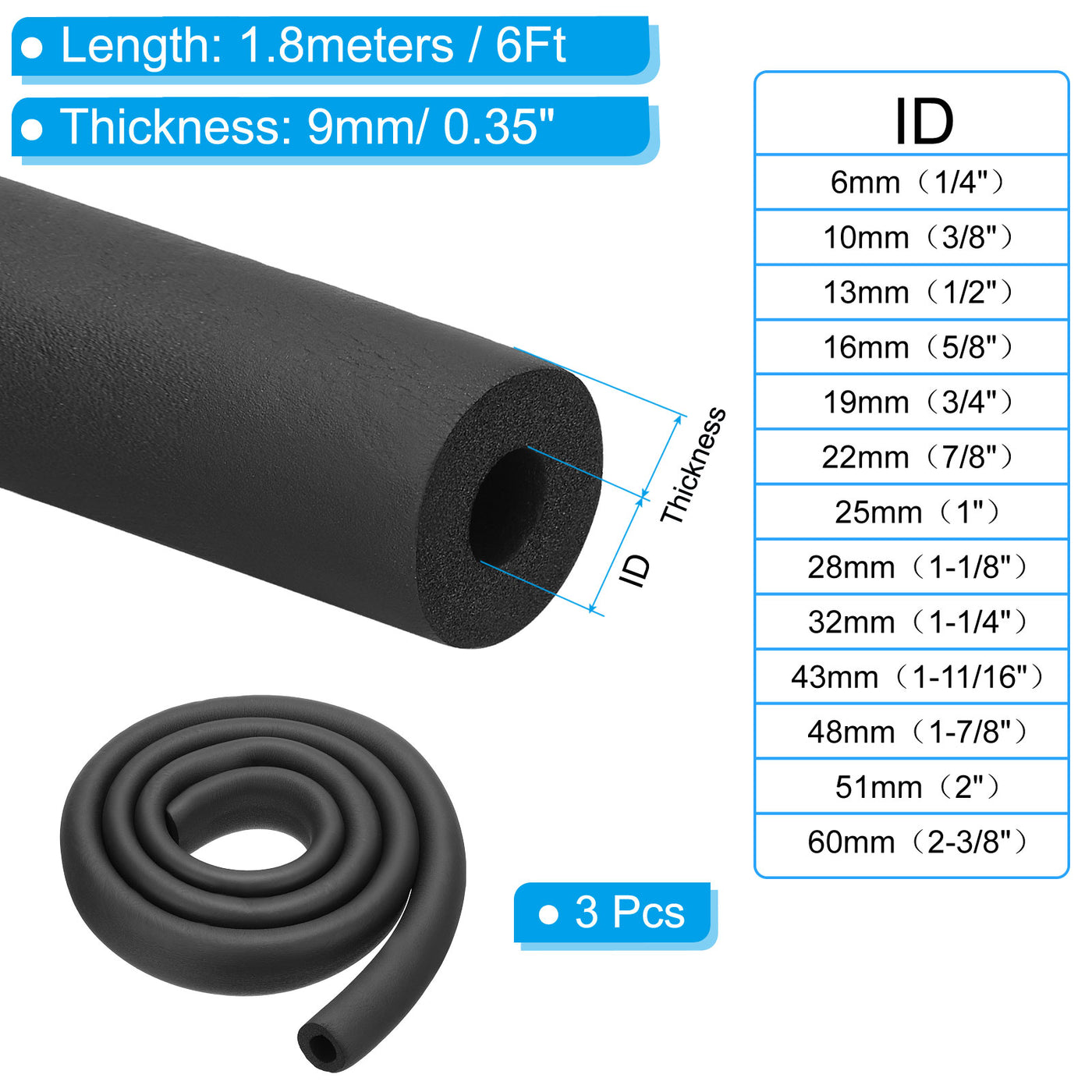 Harfington 3/4"(19mm) ID x6ft Rohr Isolierung Schaum 3Stk Rohr Abdeckung Wickel Roll Stange Polsterung Schlauch für Griff HVAC Draußen Klima Anlagen