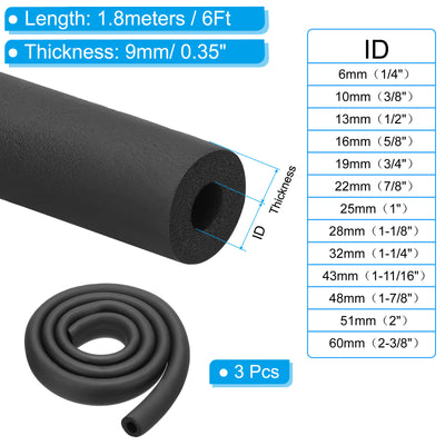 Harfington 3/4"(19mm) ID x6ft Rohr Isolierung Schaum 3Stk Rohr Abdeckung Wickel Roll Stange Polsterung Schlauch für Griff HVAC Draußen Klima Anlagen