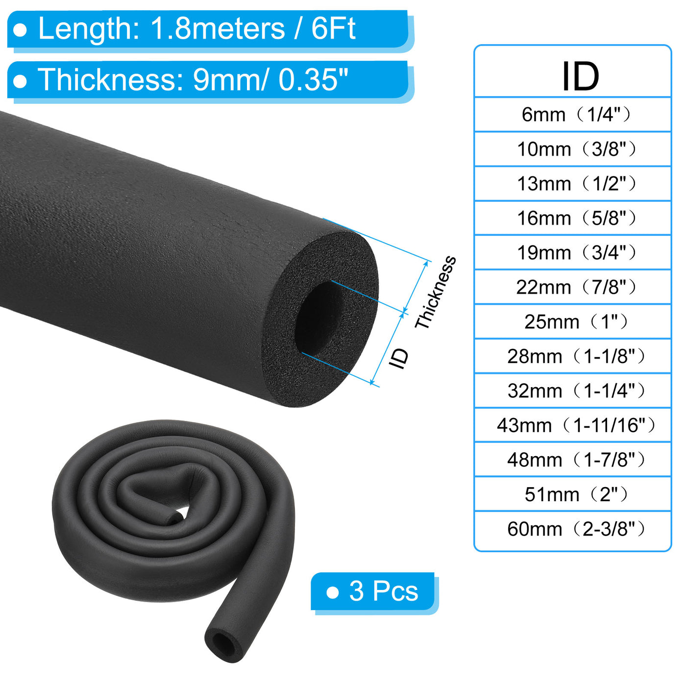 Harfington 7/8"(22mm) ID x6ft Rohr Isolierung Schaum 3Stk Rohr Abdeckung Wickel Roll Stange Polsterung Schlauch für Griff HVAC Draußen Klima Anlagen