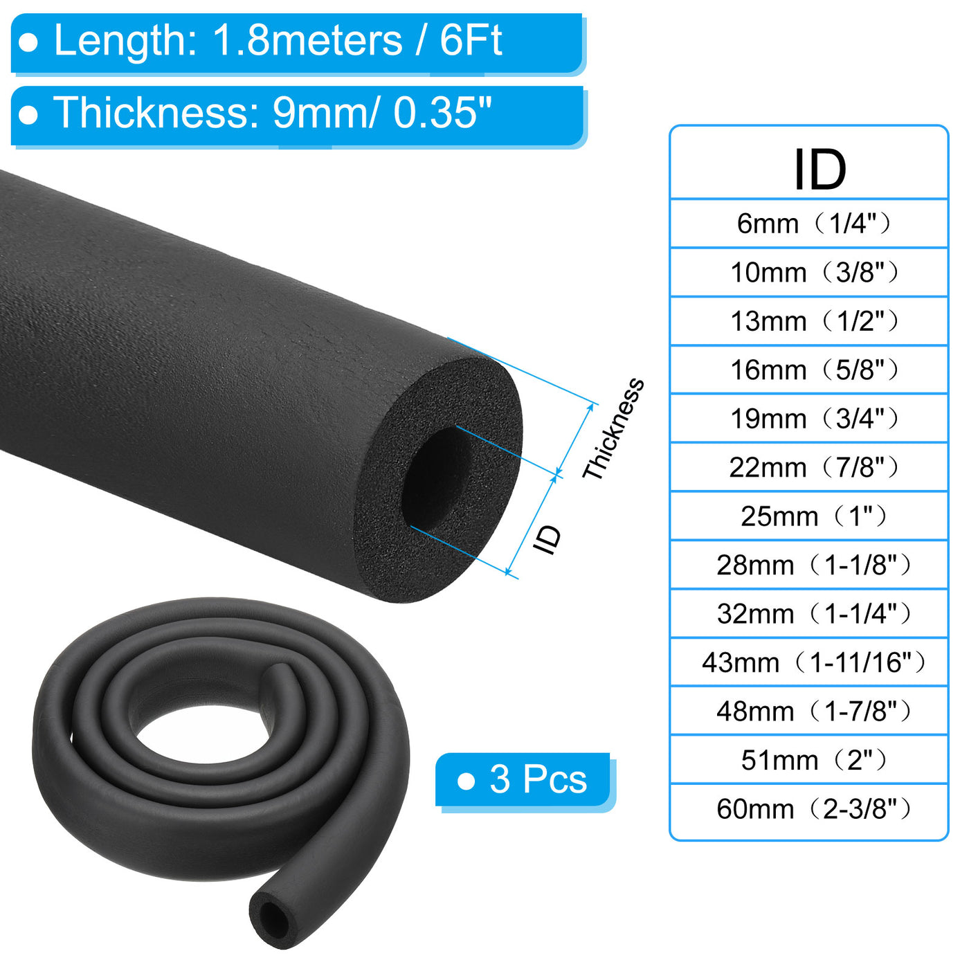 Harfington 3Pcs 1"(25mm) ID x 6Ft Pipe Insulation Foam Tube