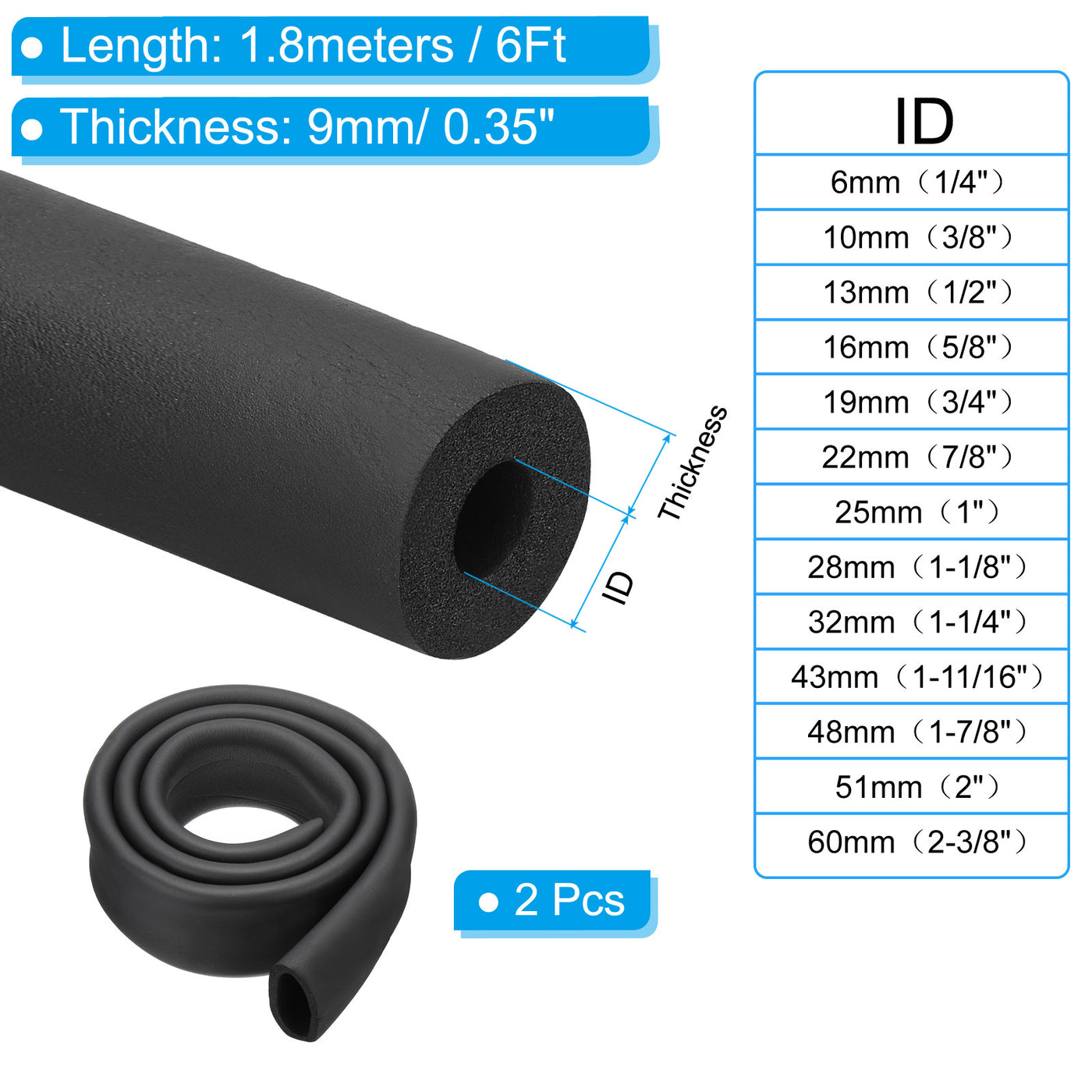 Harfington 2"(51mm) ID x6ft Rohr Isolierung Schaum 2Stk Rohr Abdeckung Wickel Roll Stange Polsterung Schlauch für Griff HVAC Draußen Klima Anlagen