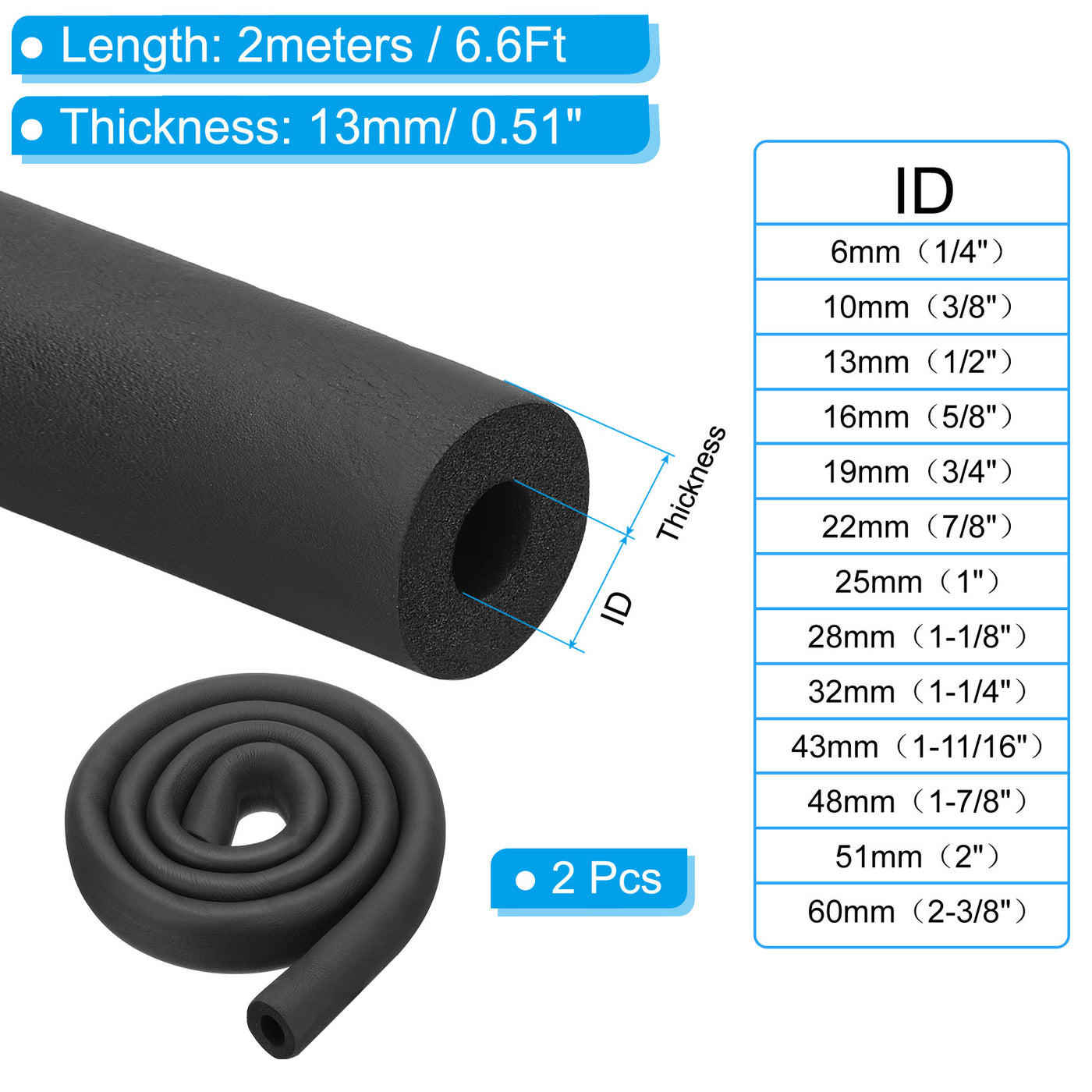 Harfington 2Pcs 1"(25mm) ID x 6.6Ft Pipe Insulation Foam Tube