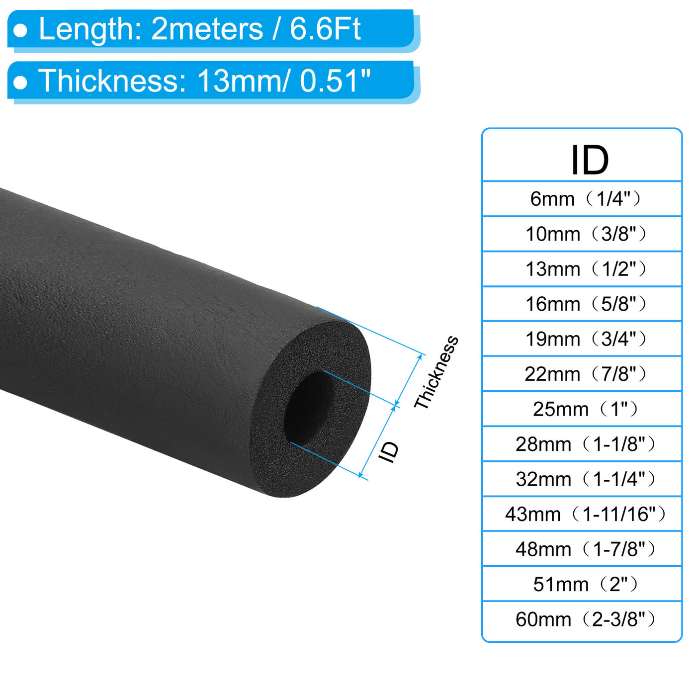 Harfington 1-11/16"(43mm) ID x6.6ft Rohr Isolierung Schaum 1Stk Rohr Abdeckung Wickel Roll Stange Polsterung Schlauch für Griff HVAC Draußen Klima Anlagen