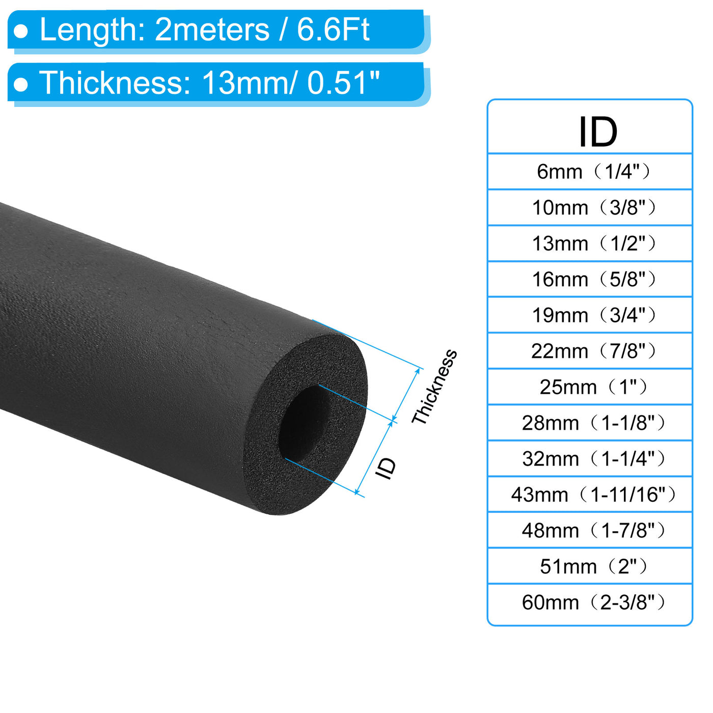 Harfington 2-3/8"(60mm) ID x6.6ft Rohr Isolierung Schaum 1Stk Rohr Abdeckung Wickel Rolle Stange Polsterung Schlauch für Griff HVAC Draußen Klima Anlagen