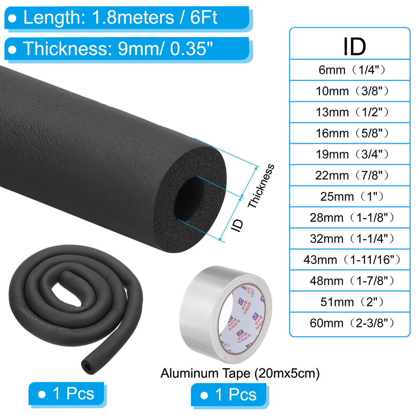 Harfington 1/2"(13mm) ID x 6Ft Pipe Insulation Foam Tube Set with Aluminum Tape