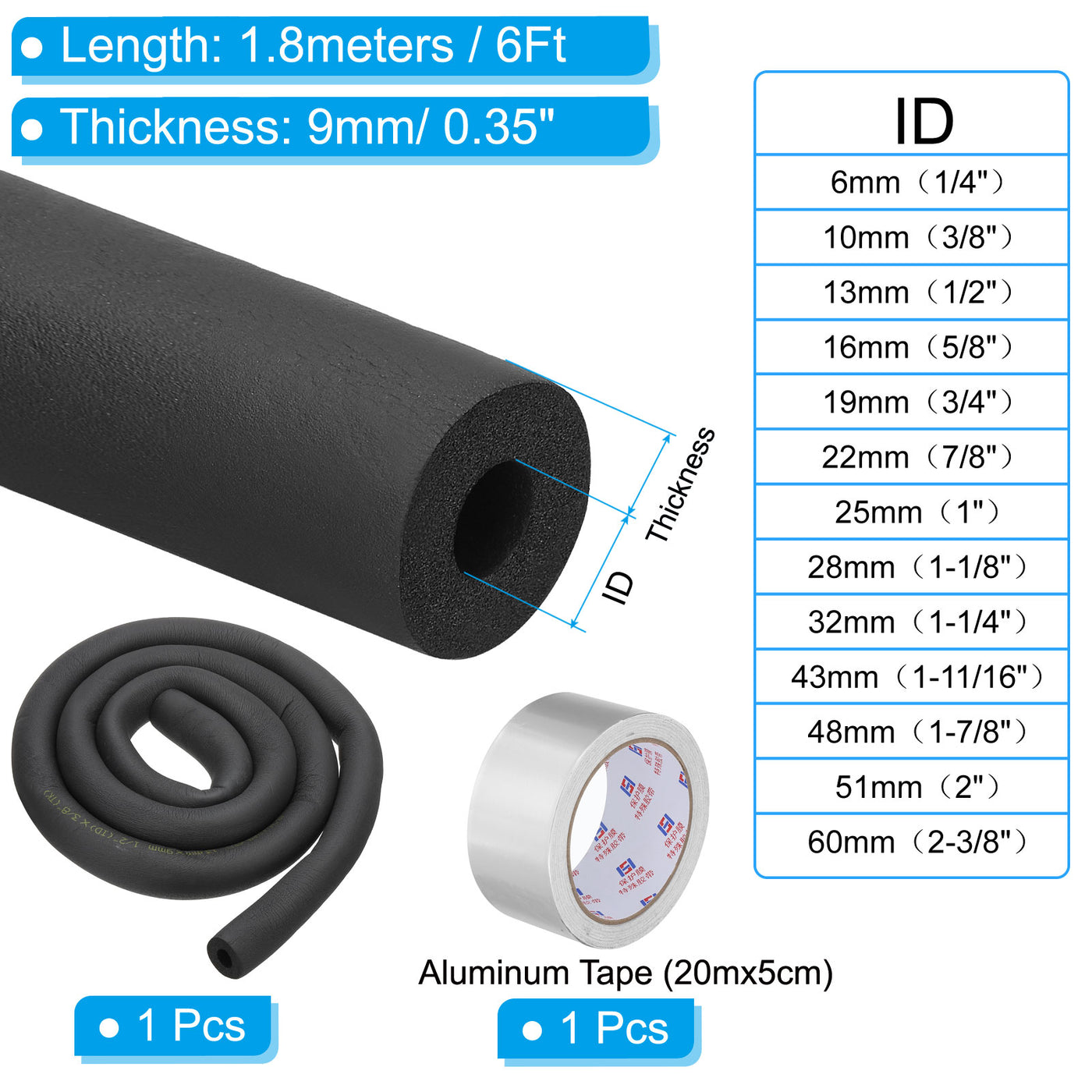 Harfington 5/8"(16mm) ID x 6Ft Pipe Insulation Foam Tube Set with Aluminum Tape