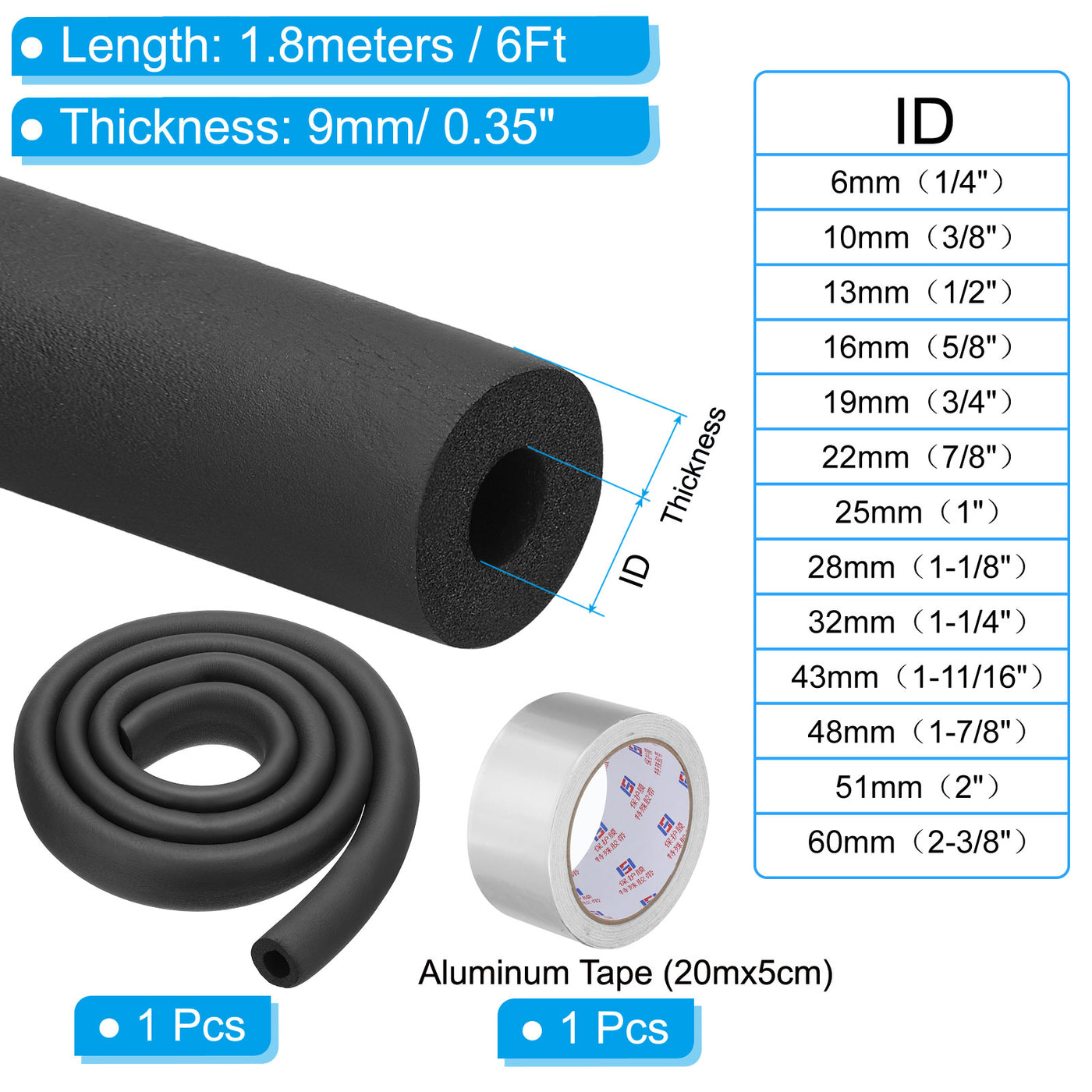 Harfington 3/4"(19mm) ID x 6Ft Pipe Insulation Foam Tube Set with Aluminum Tape