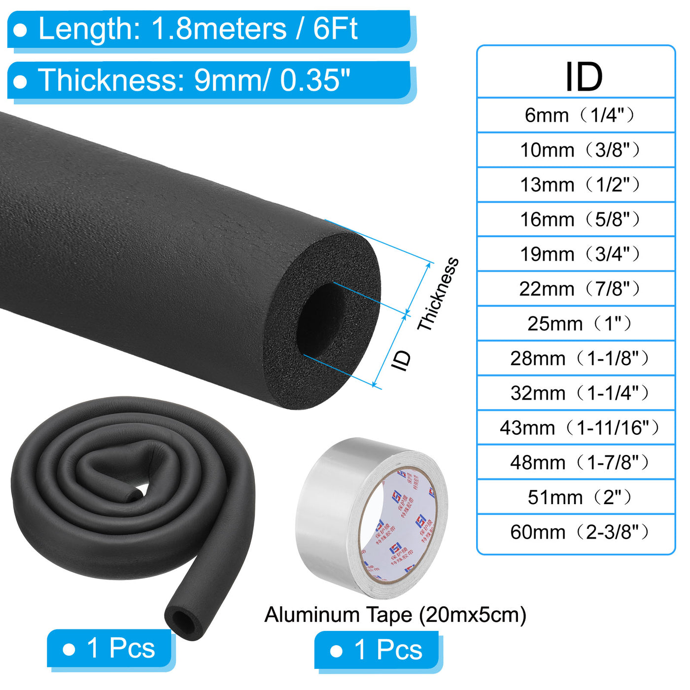 Harfington 7/8"(22mm) ID x 6Ft Pipe Insulation Foam Tube Set with Aluminum Tape