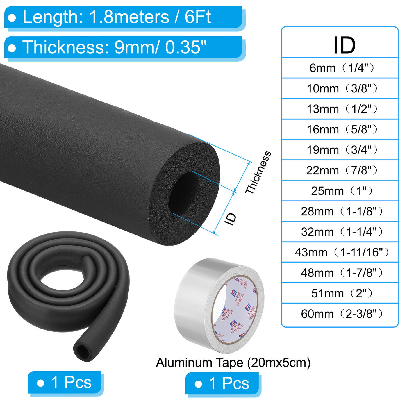 Harfington 1-1/4"(32mm) ID x 6Ft Pipe Insulation Foam Tube Set with Aluminum Tape