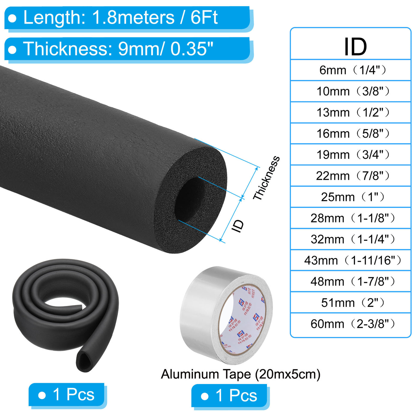 Harfington 1-7/8"(48mm) ID x 6Ft Pipe Insulation Foam Tube Set with Aluminum Tape