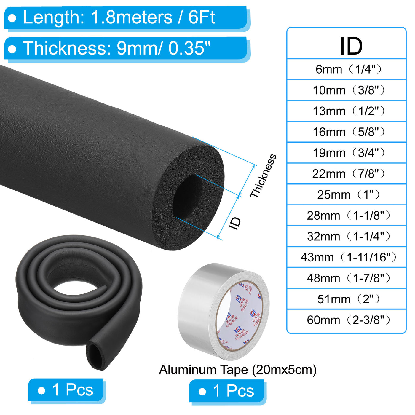 Harfington 2"(51mm) ID x 6Ft Pipe Insulation Foam Tube Set with Aluminum Tape